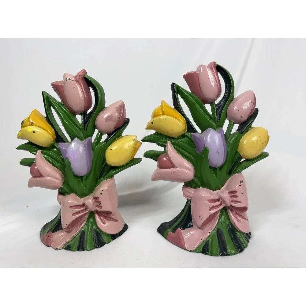 Of 2 Vintage Multicolored Tulips Cast Iron Doorstops Bookends MCM 10